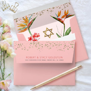 Enveloppe Bat Mitzvah Or Rose Tropical Floral Aquarelle