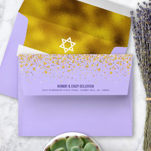Enveloppe Bat mitzvah Purple Gold Foil & Dots Adresse de ret