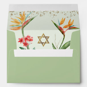 Enveloppe Bat Mitzvah Vert Or Floral Tropical Aquarelle