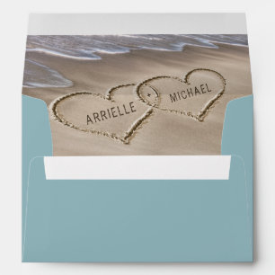 Enveloppe Beach Sand Hearts Élégant Tropical Moderne Mariage