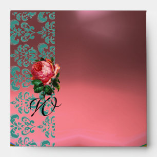 ENVELOPPE BEAU ROSE ROSE ROSE OR AQUA BLEU TURQUOISE DAMASK