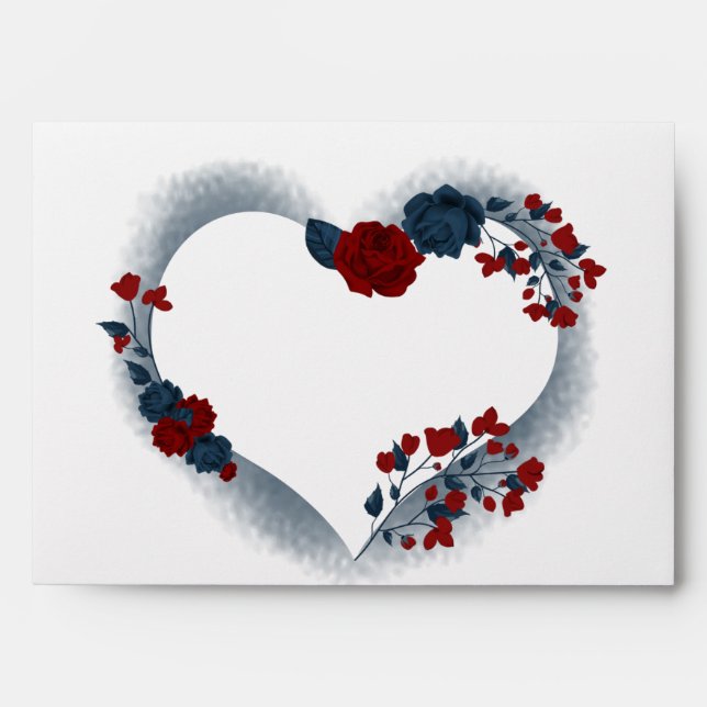 Enveloppe Belle rouge marine bleu coeur floral mariage (Devant)