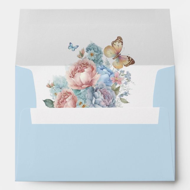 Enveloppe Belles pivoines et papillons bleus et roses (Dos (Bas))