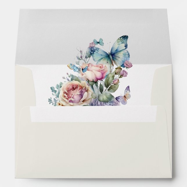 Enveloppe Belles pivoines et papillons bleus et roses (Dos (Bas))