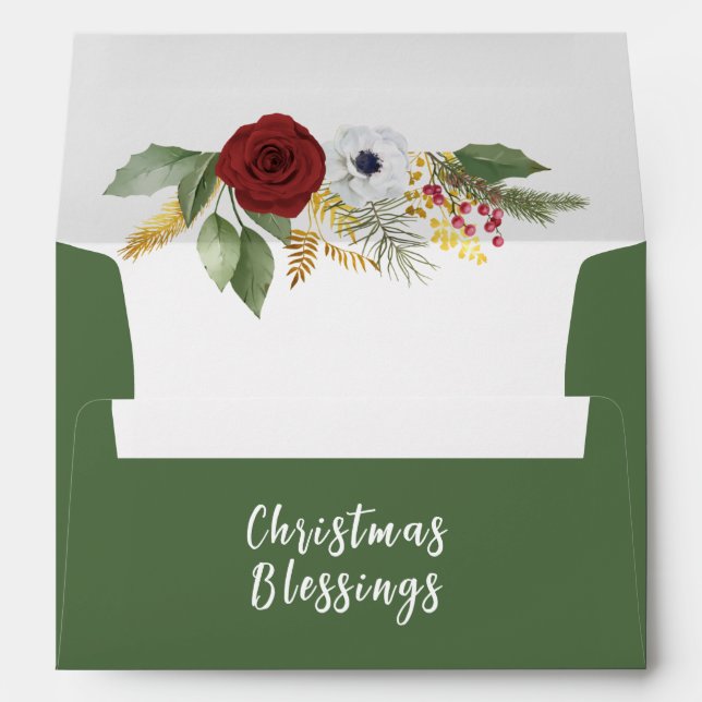 Enveloppe Bénédictions de Noël Rose d'hiver Floral Green (Dos (Bas))