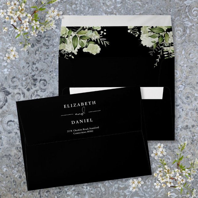 Enveloppe Black And White Floral Green Adresse de retour (Black And White Floral Greenery Return Address Envelope)