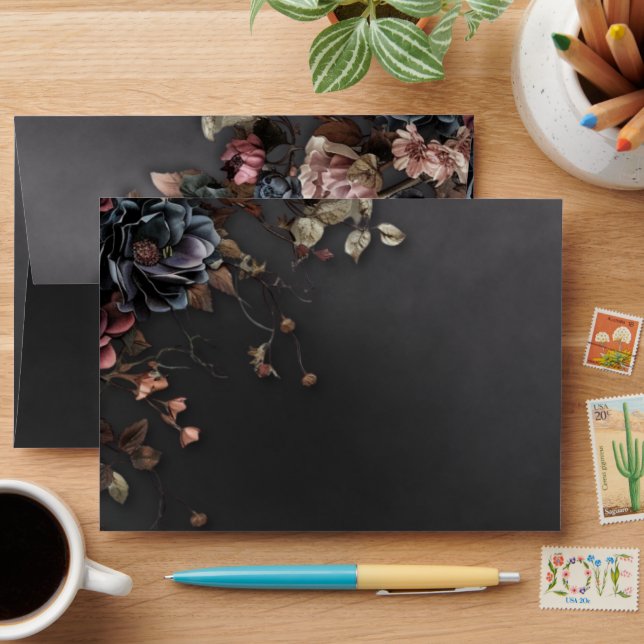 Enveloppe Black Moody Gothic Flowers & Mist Mariage (Desk)