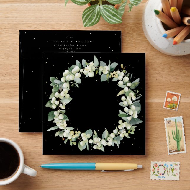 Enveloppe Black Snowberry+Eucalyptus Wreath Carré (Desk)
