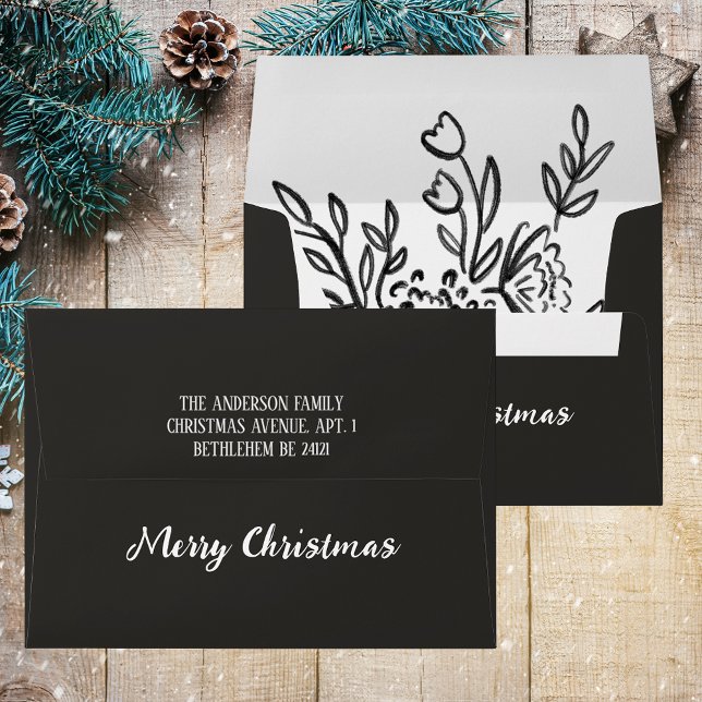 Enveloppe Black White Elegant Simple Modern Merry Christmas (Black & White Elegant Simple Minimalistic Modern Script Floral Merry Christmas Envelope)