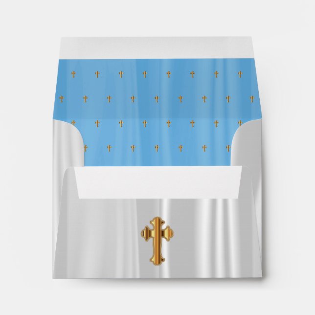 Enveloppe Blanc & Bébé Satin Bleu avec Croix de l'Église d'o (Dos (Bas))