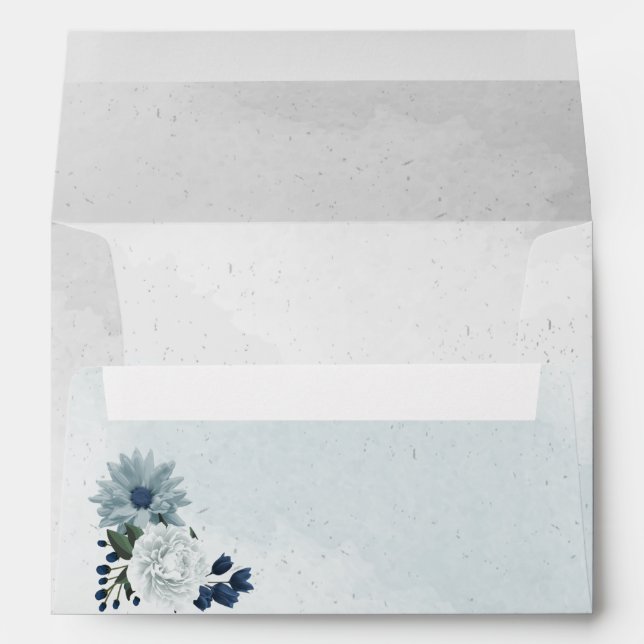 Enveloppe blanc bleu poussiéreux et fleurs marine verdure (Dos (Bas))
