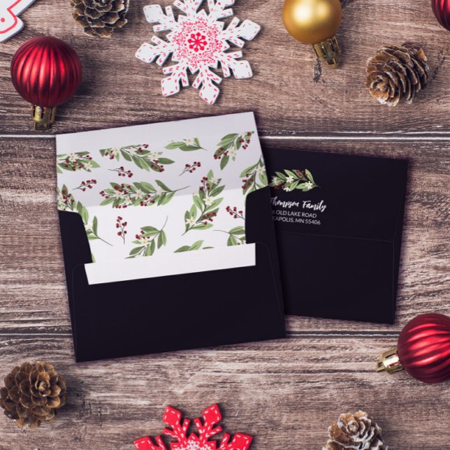 Enveloppe Blanc Floral Rouge Berry verdure Doublure Noël (Créateur téléchargé)