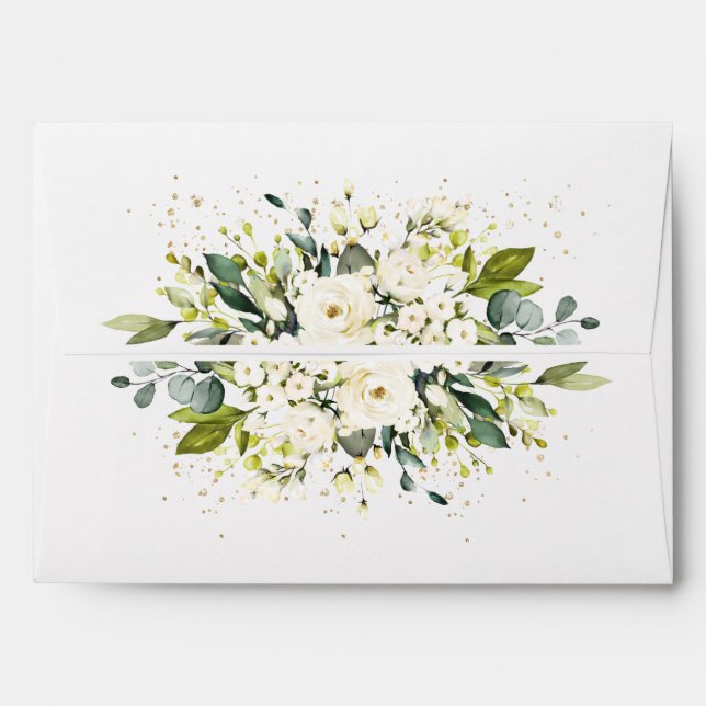 Enveloppe Blanc Or Botanique Floral Sage Vert Mariage En (Dos (Haut rabat))