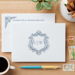 Enveloppe Blason baroque poussiéreux bleu mariage adressé