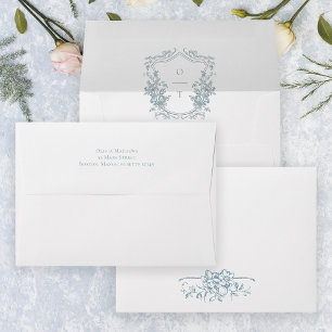 Enveloppe Blason de mariage à monogramme floral bleu poussié