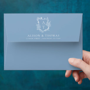 Enveloppe Blason de monogramme floral élégant mariage bleu p