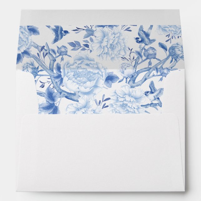 Enveloppe Bleu Blanc Chinoiserie Peony Birds Porcelaine (Dos (Bas))