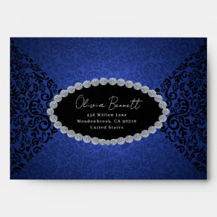 Enveloppe Bleu Diamant Élégant Damas foncé motif
