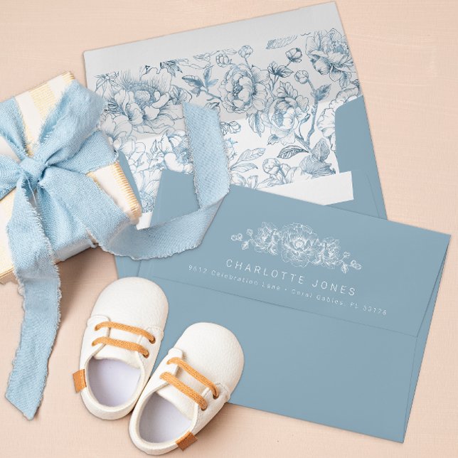 Enveloppe bleu Dusty avec revêtement floral - Élég (Dusty Blue Chinoiserie Envelope)