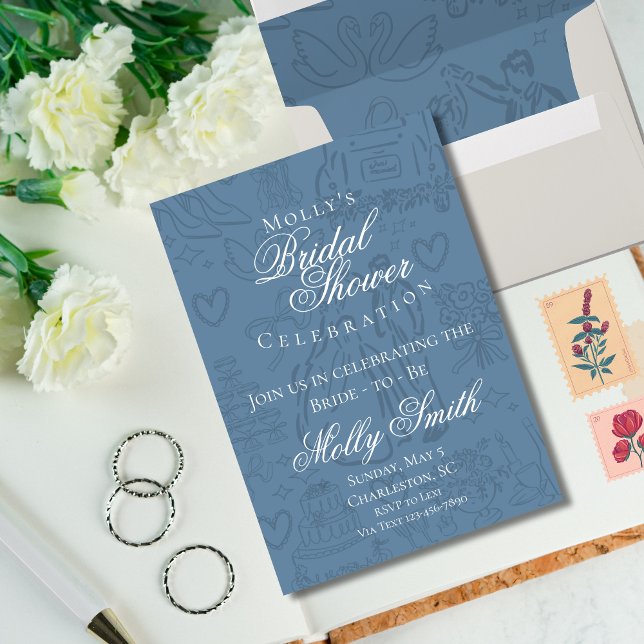 Enveloppe Bleu Dusty classique main dessinée Mariage croquis (Dusty Blue envelope with classic wedding sketch art – perfect for engagement or bridal celebrations!)