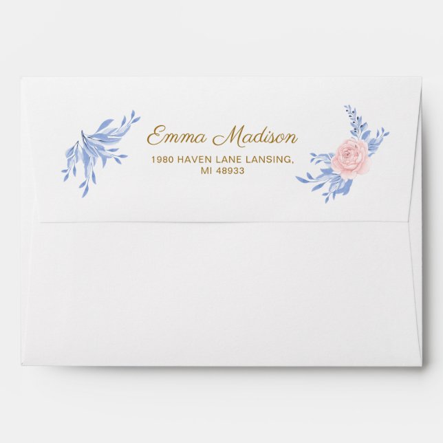 Enveloppe Bleu Dusty Elegant rose Floral Rustique Mariage En (Dos (Haut rabat))