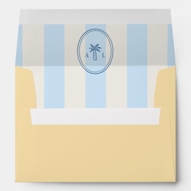 Enveloppe Bleu et Jaune Palm Tree Monogramme Mariage (Dos (Bas))