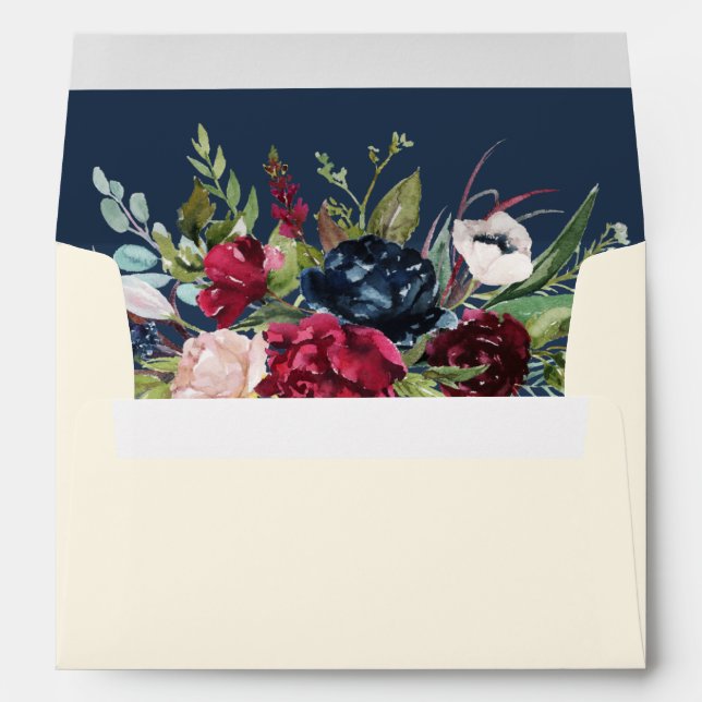 Enveloppe Bleu Marine | Bourgogne Mariage de crème florale (Dos (Bas))