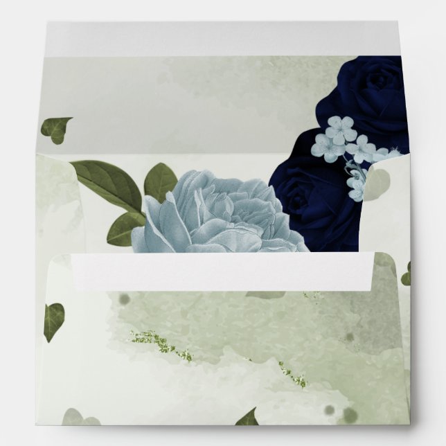 Enveloppe bleu marine et poussiéreux fleurs vertes (Dos (Bas))