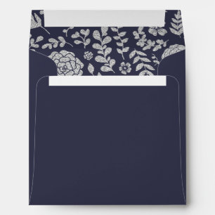 Enveloppe Bleu Marine Mariage de motifs floraux argenté