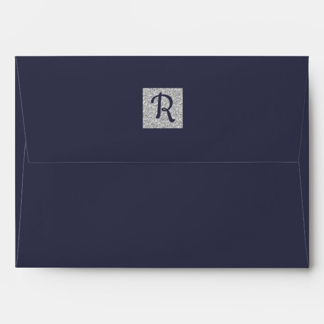 Enveloppe Bleu Marine | Silver Floral Custom Monogram Mariag (Dos (Haut rabat))