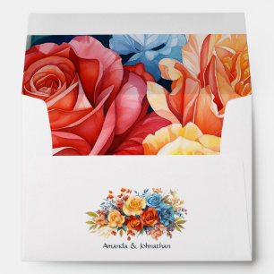 Enveloppe Bleu, orange, jaune et floral rouge 
