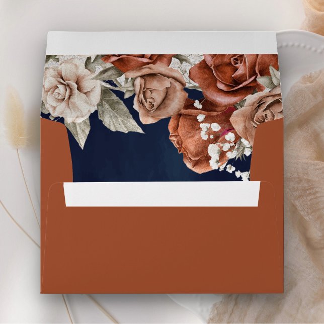 Enveloppe Bleu Rose Orange Brûlé Terracotta Floral Navy (Créateur téléchargé)