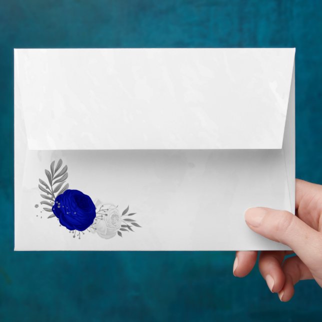 Enveloppe bleu royal et fleurs blanches argent mariage botan (Hand)