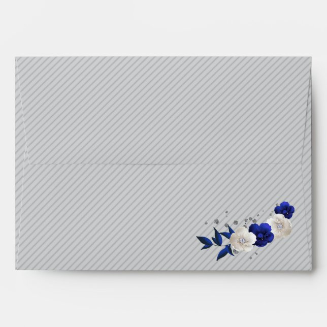 Enveloppe bleu royal fleurs blanches gris mariage (Dos (Haut rabat))
