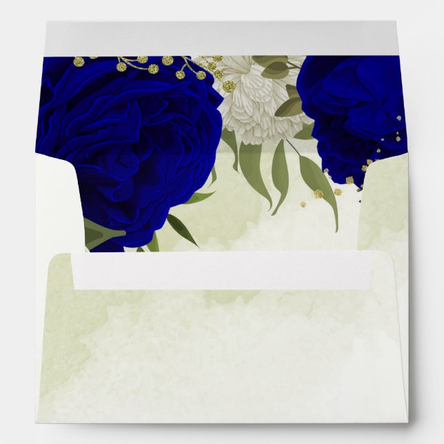 Enveloppe bleu royal fleurs blanches vert feuille mariage (Dos (Bas))
