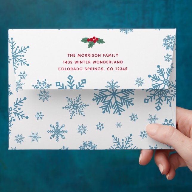 Enveloppe Bleu Snowflakes Red Holly Berries Noël (Hand)