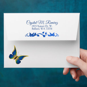 Enveloppe Bleue, Papillon Or pour les invitations