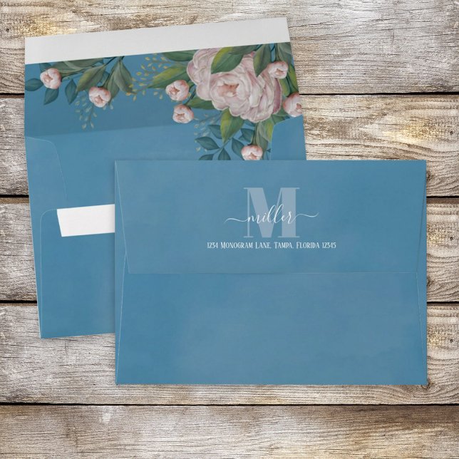 Enveloppe Blue Blush rose Floral Adresse de retour personnal (Créateur téléchargé)