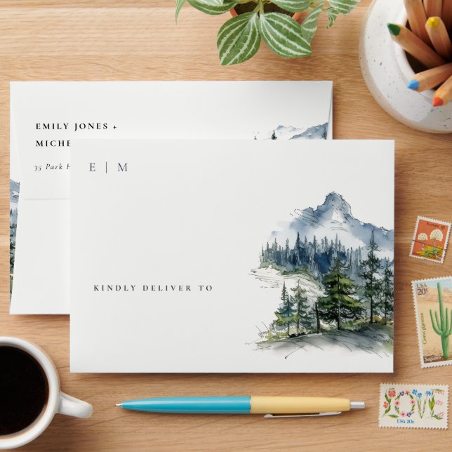 Enveloppe Blue Green Woods Mountain Paysage Mariage de croqu (Desk)