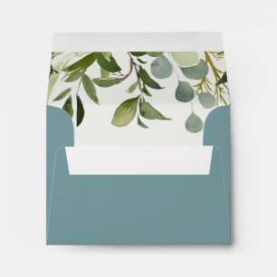 ENVELOPPE BLUE LEAFY GREEN GOLD FOLIAGE RSVP RETOUR ADRESSE