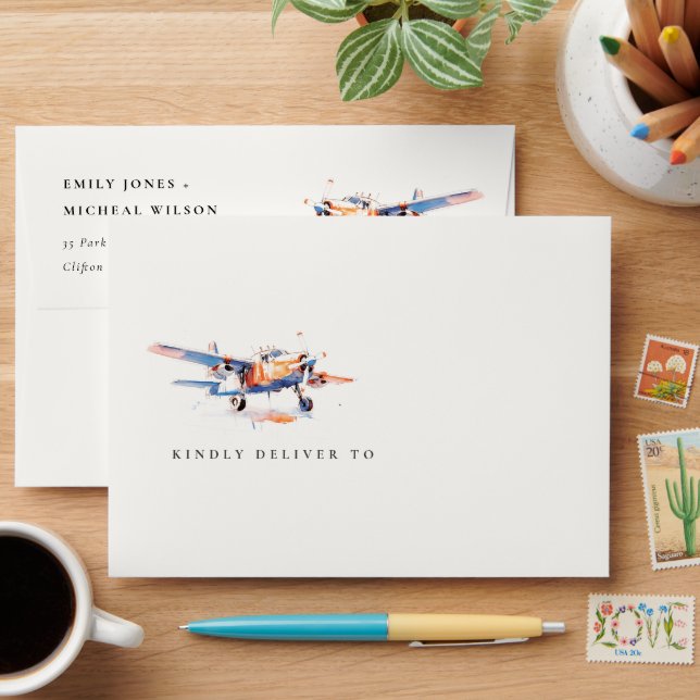 Enveloppe Blue Orange Blush Aquarelle Air Plane Mariage (Desk)