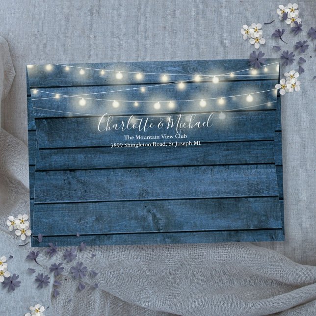 Enveloppe Blue Rustic Wood String Lights Adresse de retour (Blue Rustic Wood String Lights Return Address Envelope)