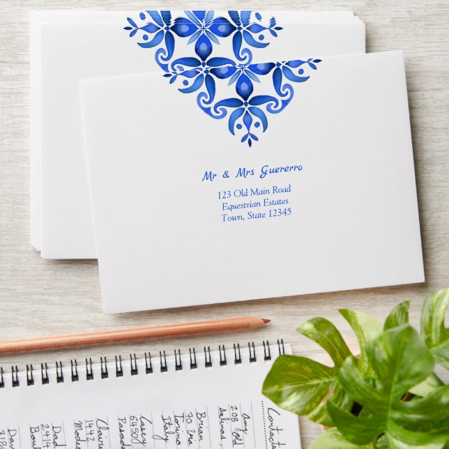 Enveloppe Blue Talavera Espagnol tuiles mariage adressé (Stacked)