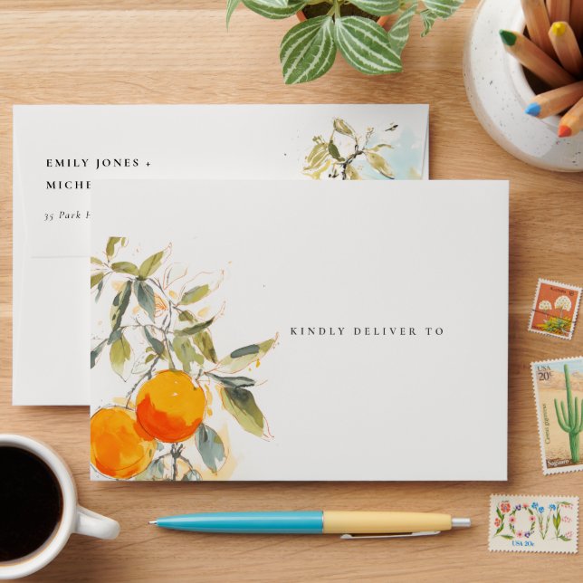 Enveloppe Boho Abstrait Sketchy Orange Garden Mariage (Desk)