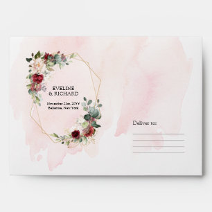 Enveloppe Boho bleu bordeaux rose & or mariage géométrique