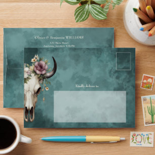 Enveloppe Boho Chic Aquarelle Floral Vache Mariage crâne