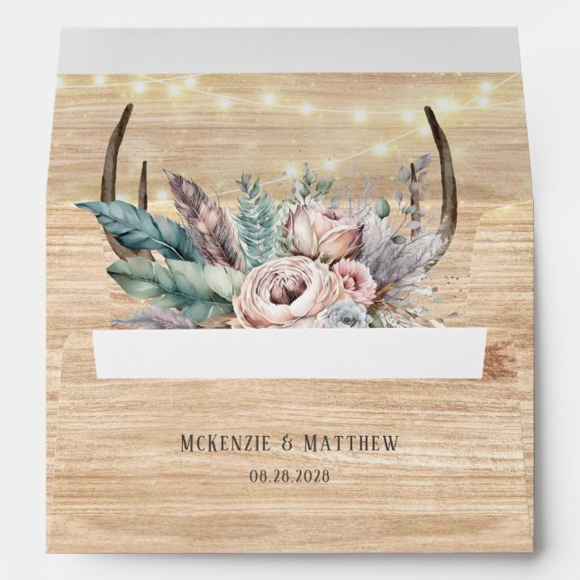 Enveloppe Boho Deer Antlers et Florals Mariage en bois (Dos (Bas))
