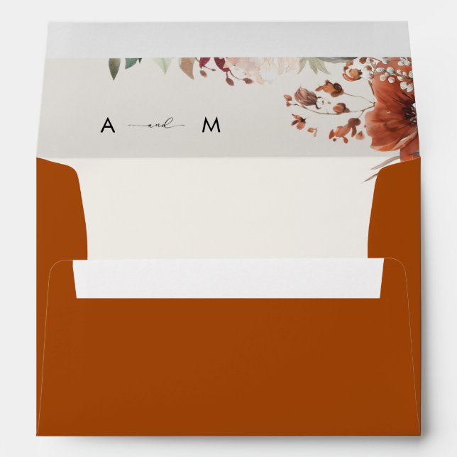 Enveloppe Boho Fall Floral Terracotta Monogram Mariage (Dos (Bas))