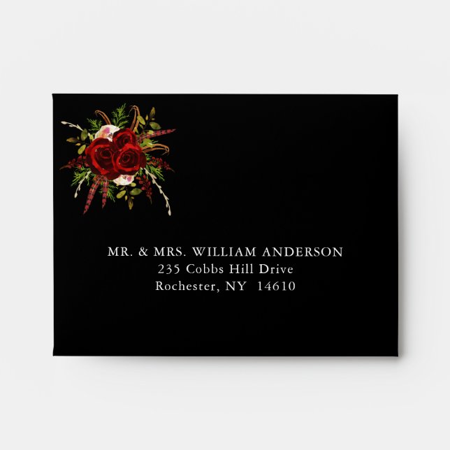 Enveloppe Boho floral bordeaux noir A2 mariage RSVP (Devant)