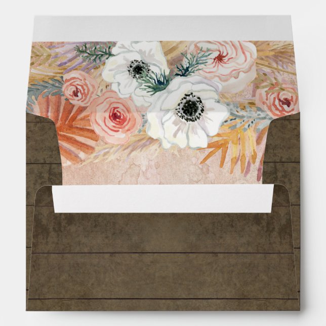 Enveloppe Boho Floral Pampas Grass Blush Bois Rustique (Dos (Bas))